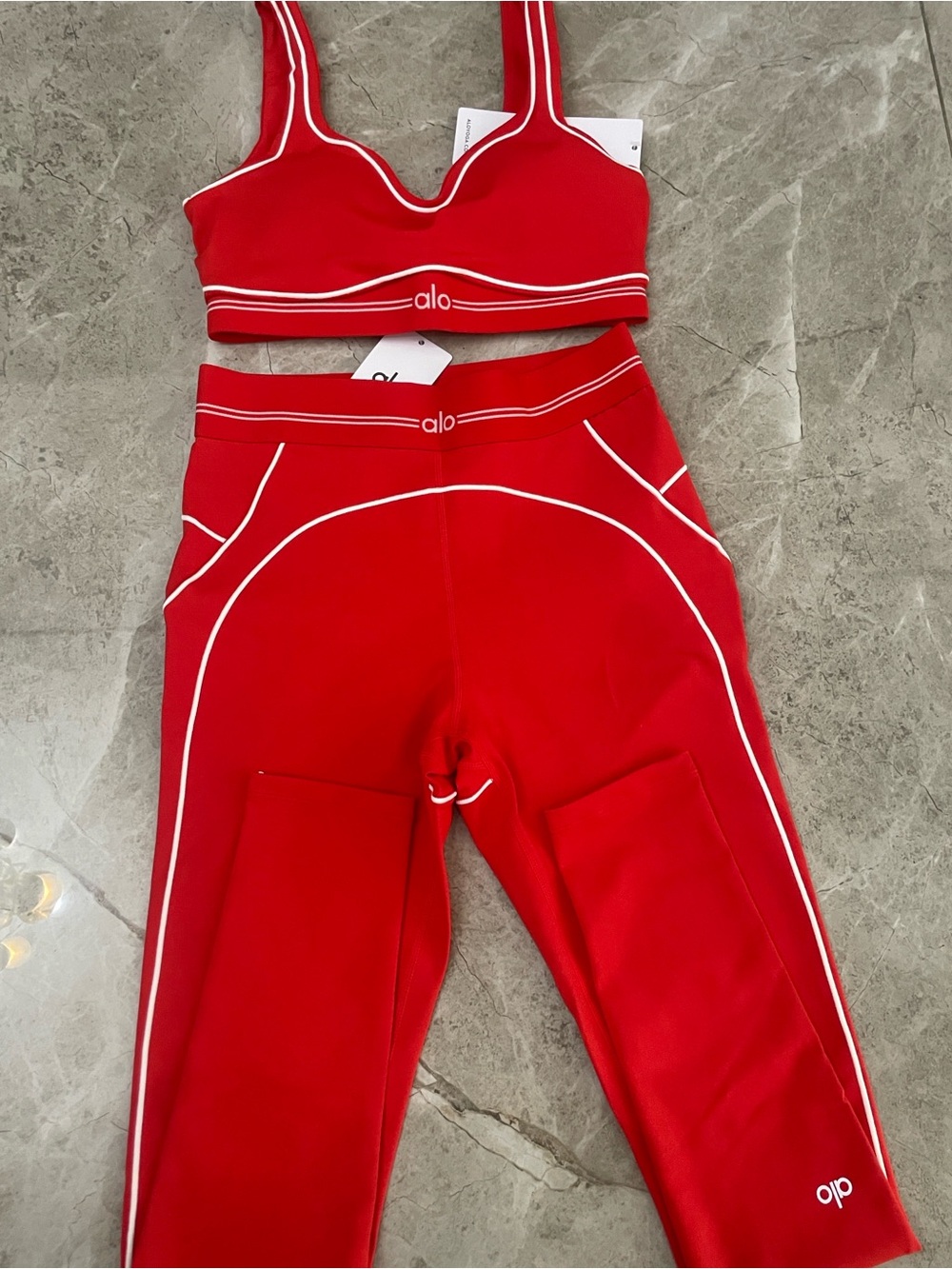 ALO Yoga Red Sports Bra and High-Waist Leggings Set with White Trim